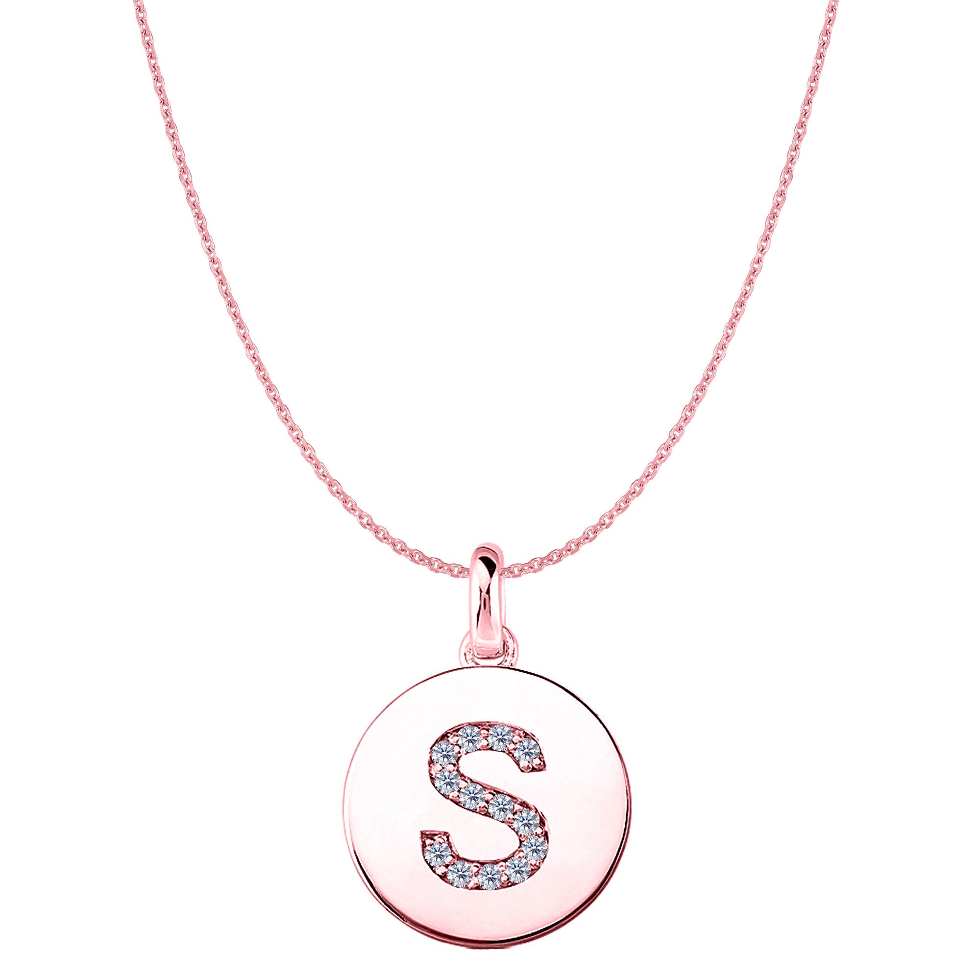 Pendentif disque en or rose 14 carats avec initiale en diamant « S » (0,14 ct), bijoux de créateur raffinés pour hommes et femmes