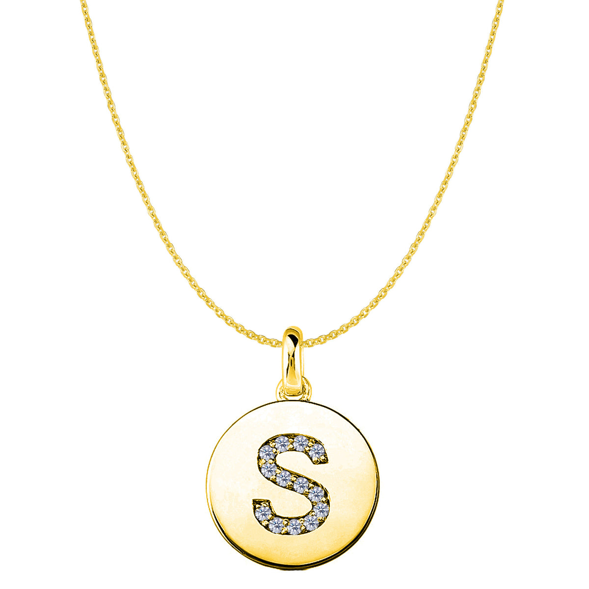 Ciondolo a forma di disco in oro giallo 14 carati con iniziale "S" (0,14 ct), gioielleria di alta qualità per uomo e donna