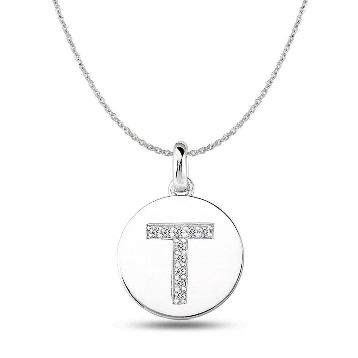 Ciondolo a forma di disco in oro bianco 14K con iniziale di diamanti "T" (0,10 ct), gioielleria raffinata per uomini e donne