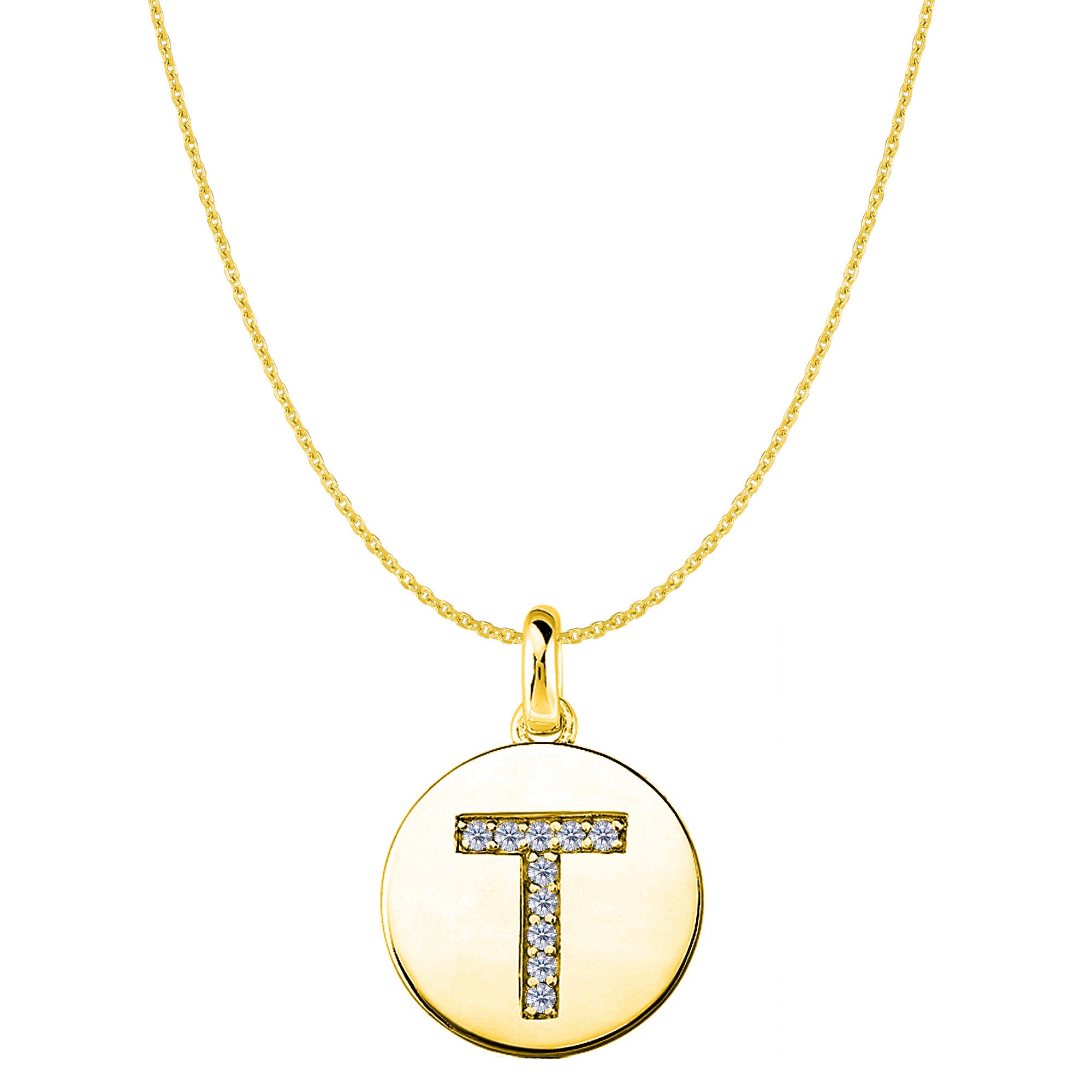 "T" Diamond Initial 14K Yellow Gold Disk Pendant (0,10ct) fina designersmycken för män och kvinnor