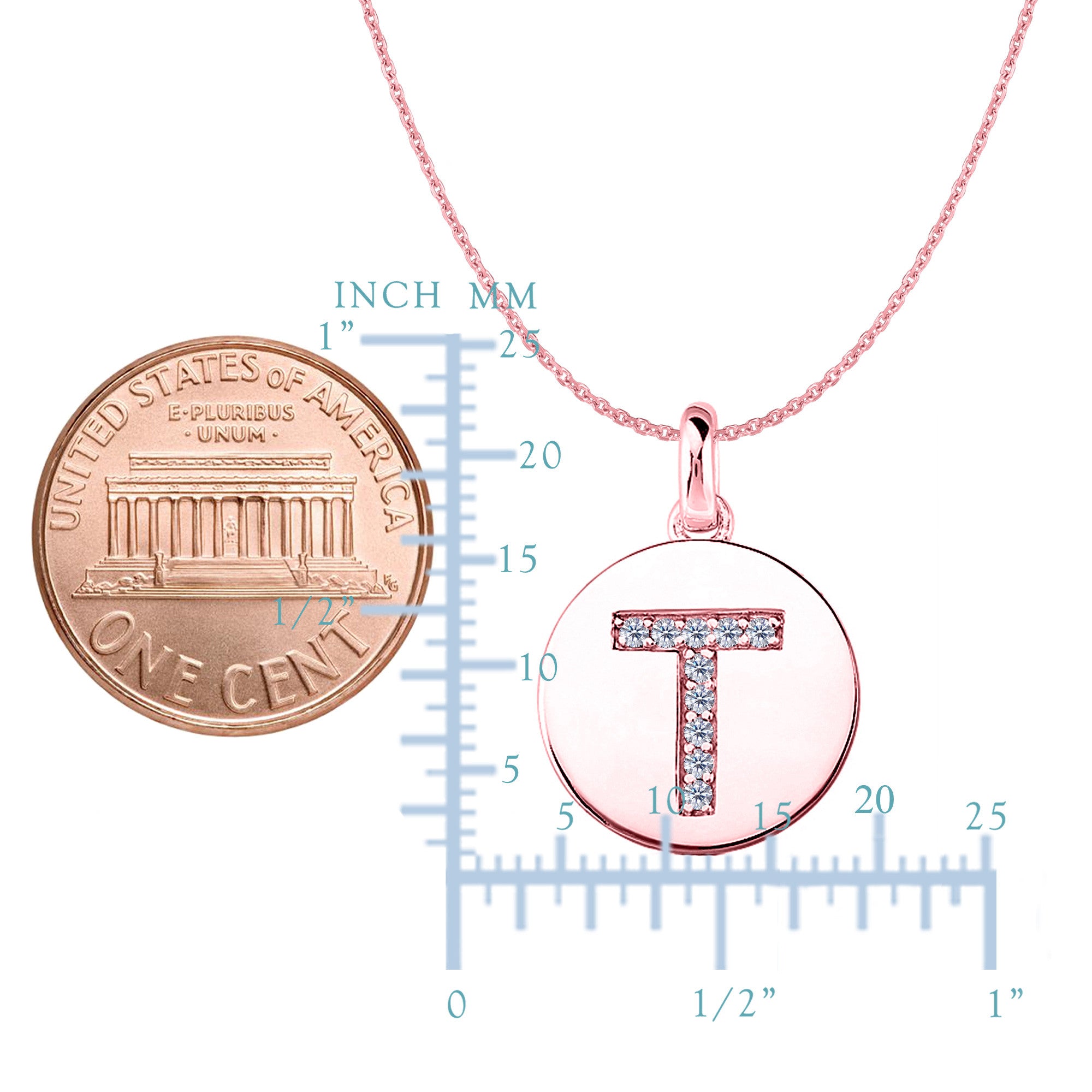 Colgante de disco de oro rosa de 14 quilates con inicial de diamante "T" (0,10 quilates), joyería fina de diseño para hombres y mujeres