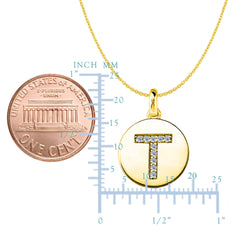 Pendentif disque en or jaune 14 carats avec initiale en diamant « T » (0,10 ct), bijoux de créateurs fins pour hommes et femmes
