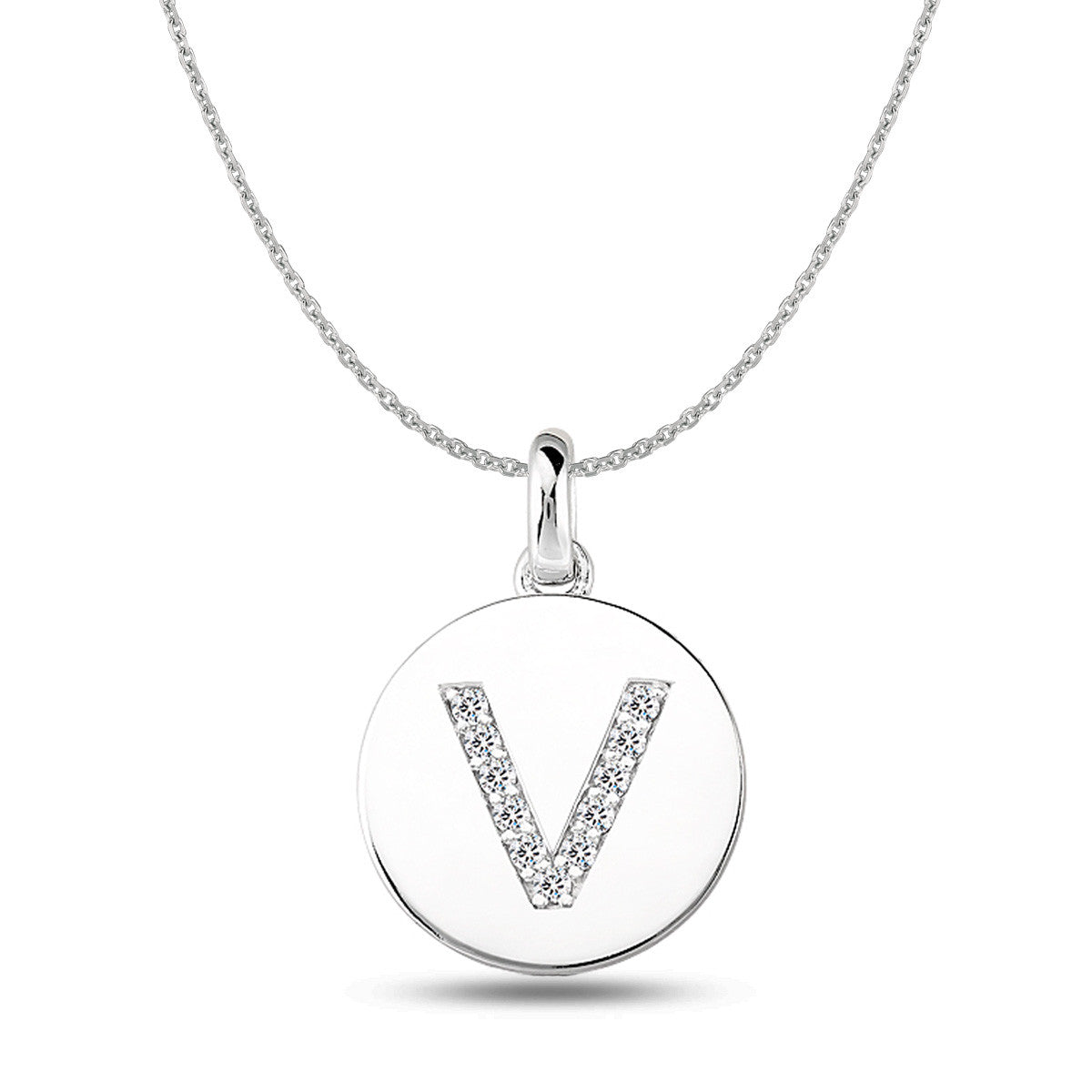 "V" Diamond Initial 14K White Gold Disk Pendant (0.11ct) - JewelryAffairs
 - 1