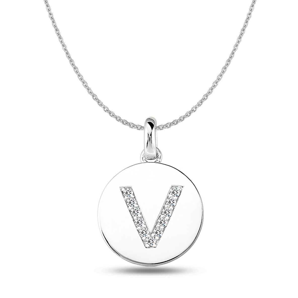 "V" Diamond Initial 14K White Gold Disk Pendant (0.11ct) fine designer jewelry for men and women