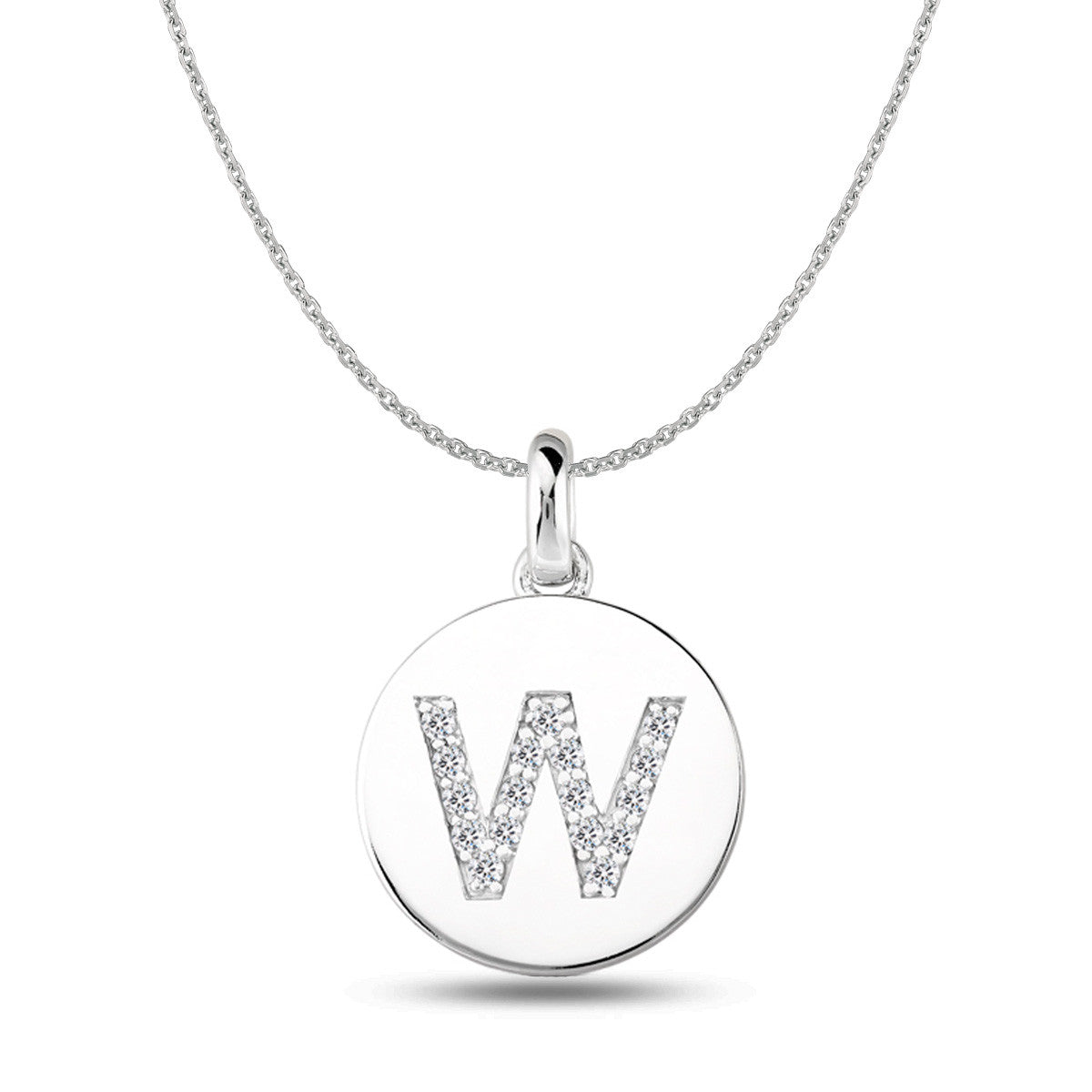 "W" Diamond Initial 14K White Gold Disk Pendant (0.17ct) - JewelryAffairs
 - 1