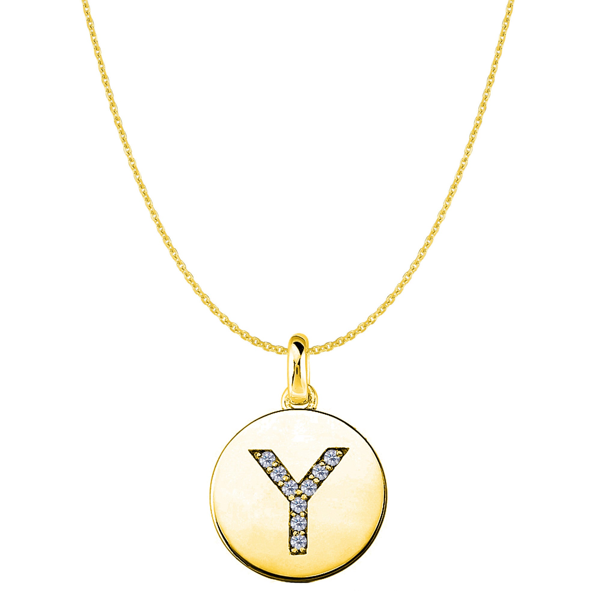 "Y" Diamond Initial 14K Yellow Gold Disk Pendant (0.09ct) - JewelryAffairs
 - 1