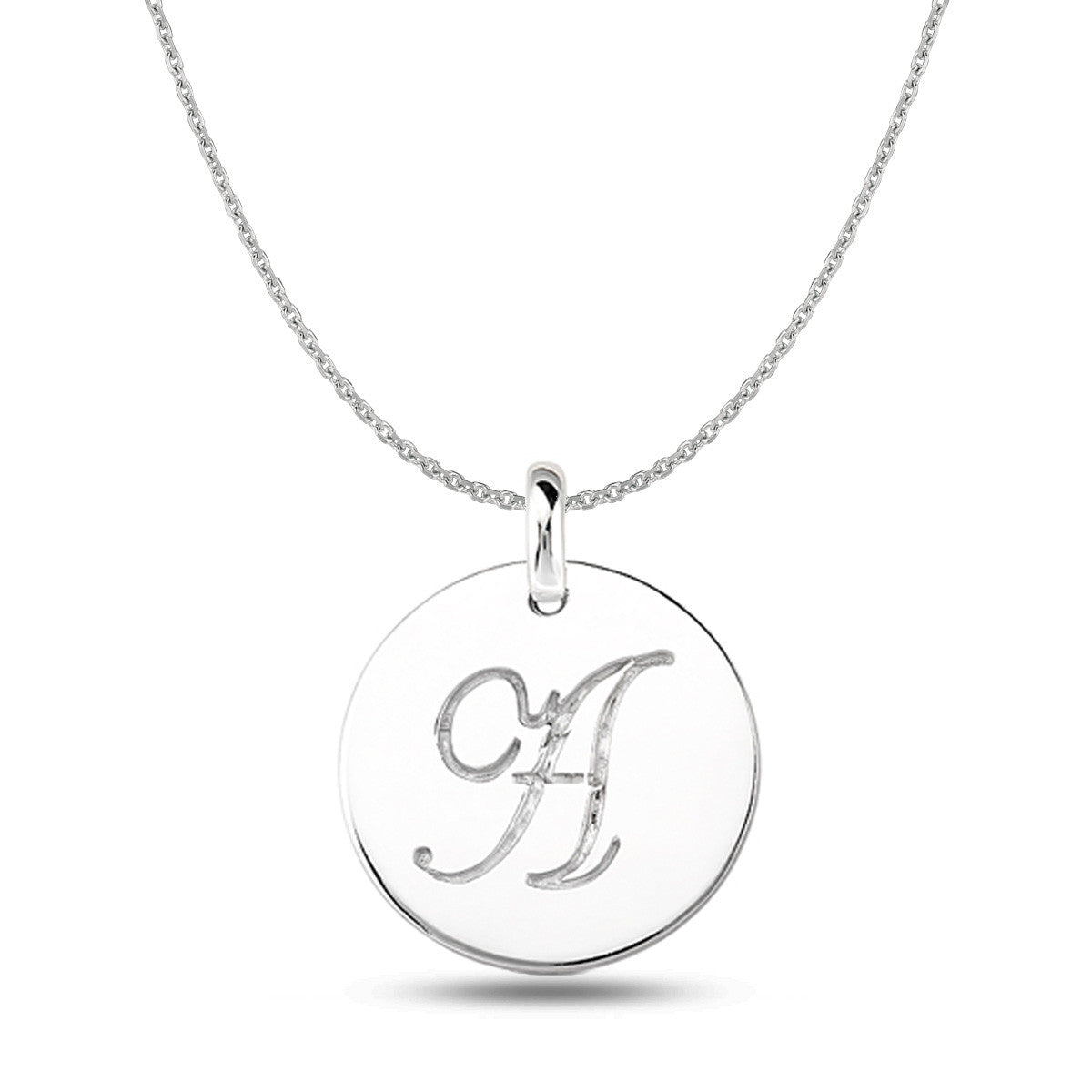 "A" Pendentif disque initial gravé en or blanc 14 carats, bijoux de créateur raffinés pour hommes et femmes