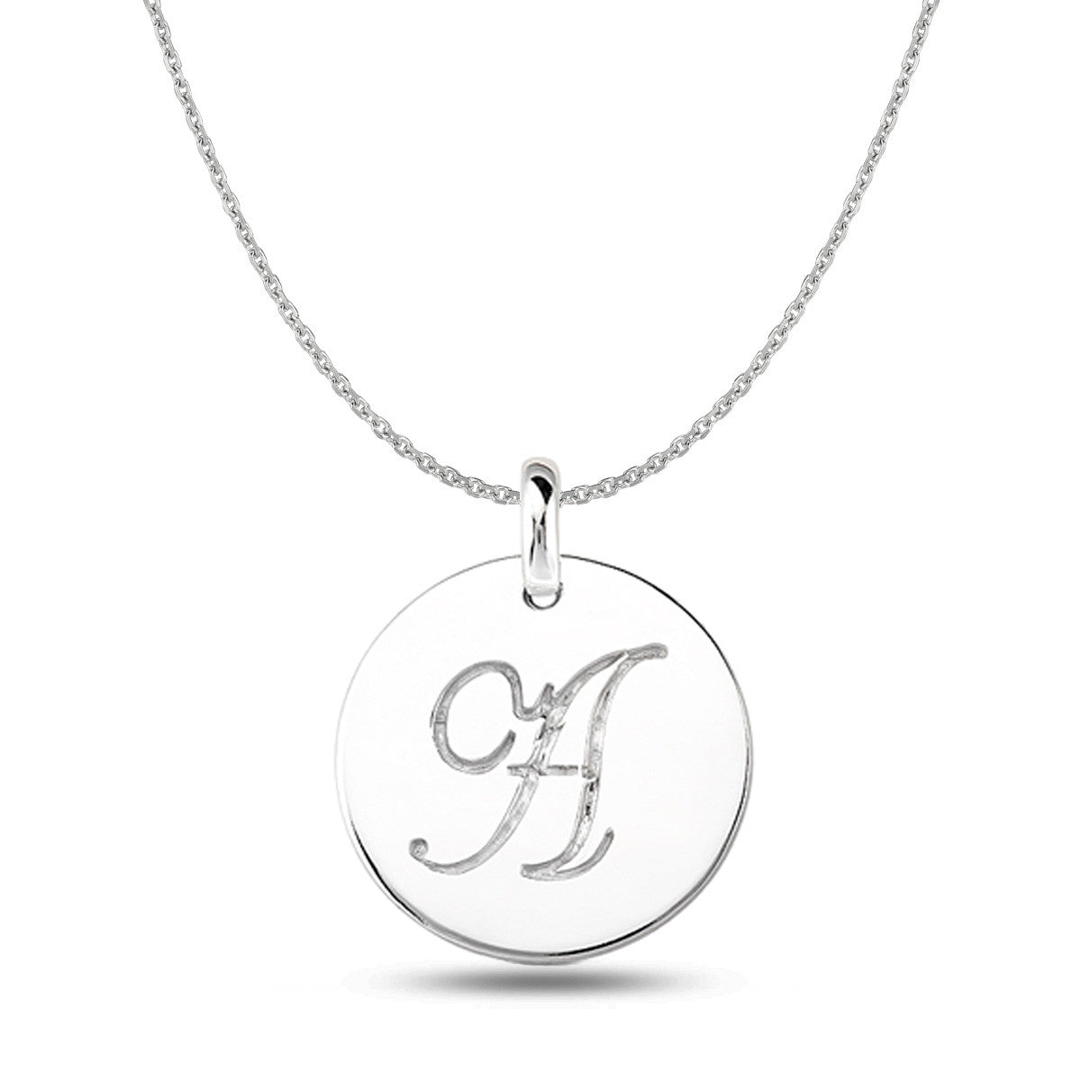 "A" 14K White Gold Script Engraved Initial Disk Pendant - JewelryAffairs
 - 1