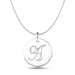 "A" Colgante de disco con inicial grabada en oro blanco de 14 quilates, joyería fina de diseño para hombres y mujeres