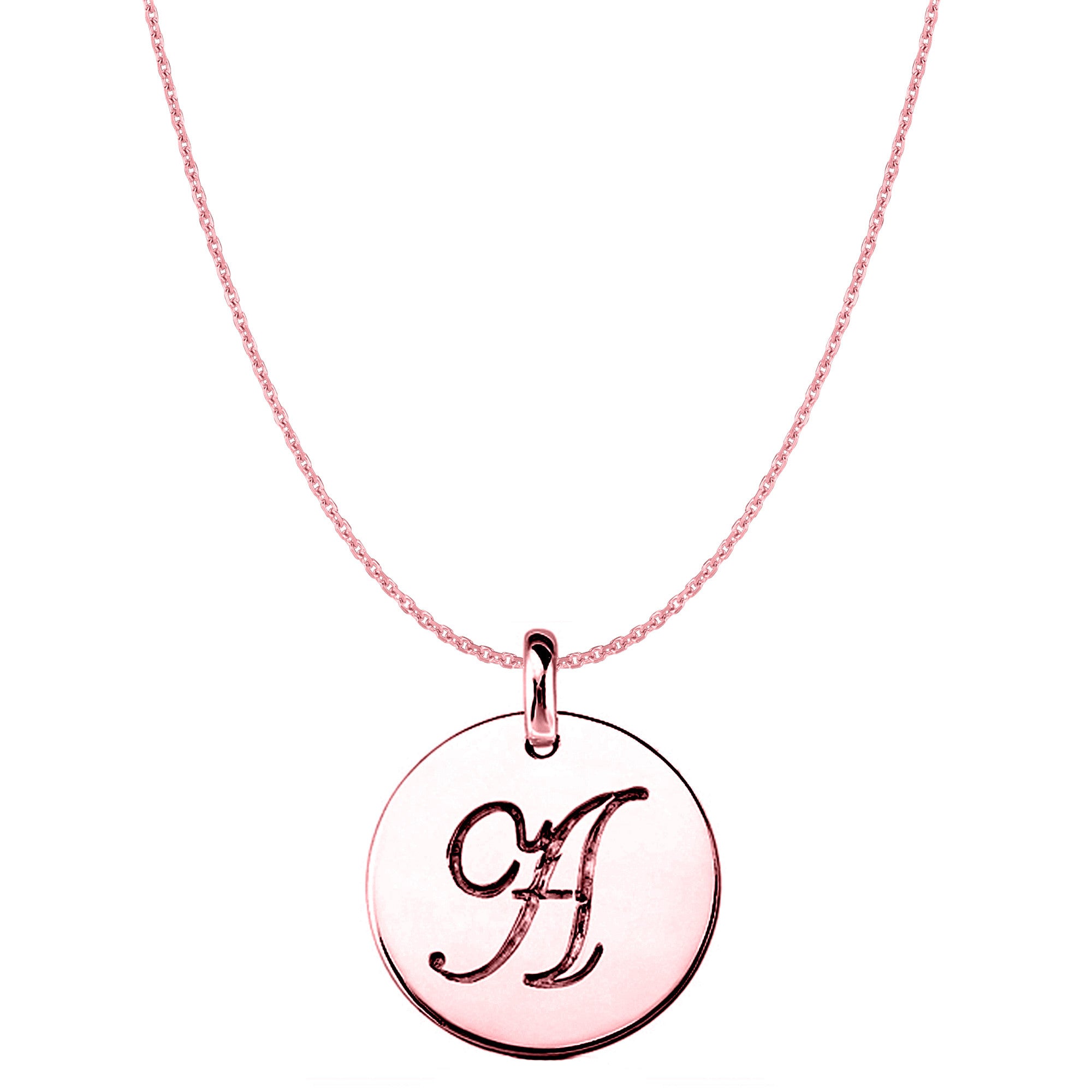 "A" Colgante de disco con inicial grabada en oro rosa de 14 quilates, joyería fina de diseño para hombres y mujeres