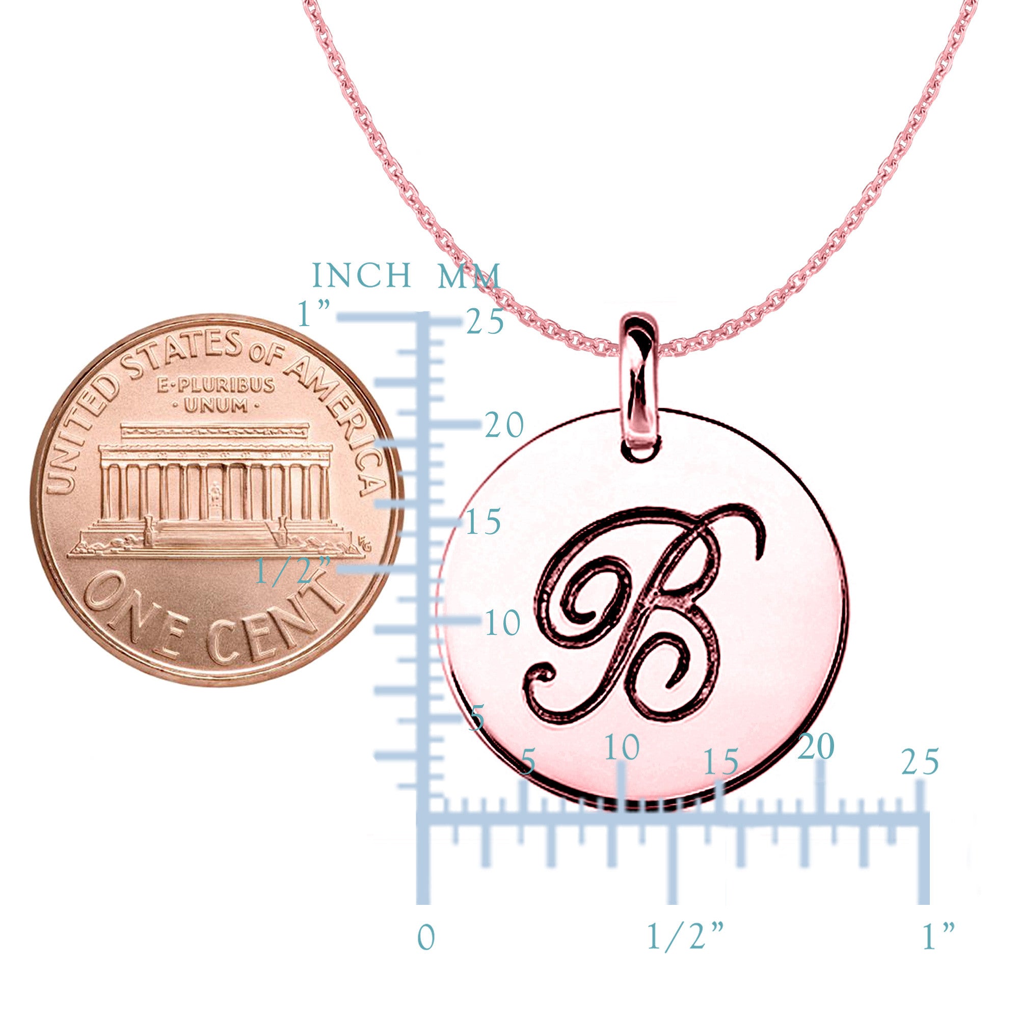 "B" Colgante de disco con inicial grabada en oro rosa de 14 quilates, joyería fina de diseño para hombres y mujeres