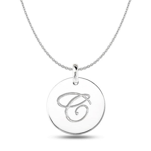 "C" 14K White Gold Script Engraved Initial  Disk Pendant - JewelryAffairs
 - 1