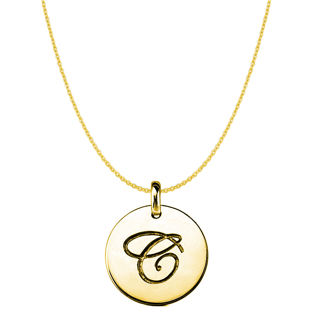 "C" 14K Yellow Gold Script Engraved Initial Disk Pendant fine designer jewelry for men and women