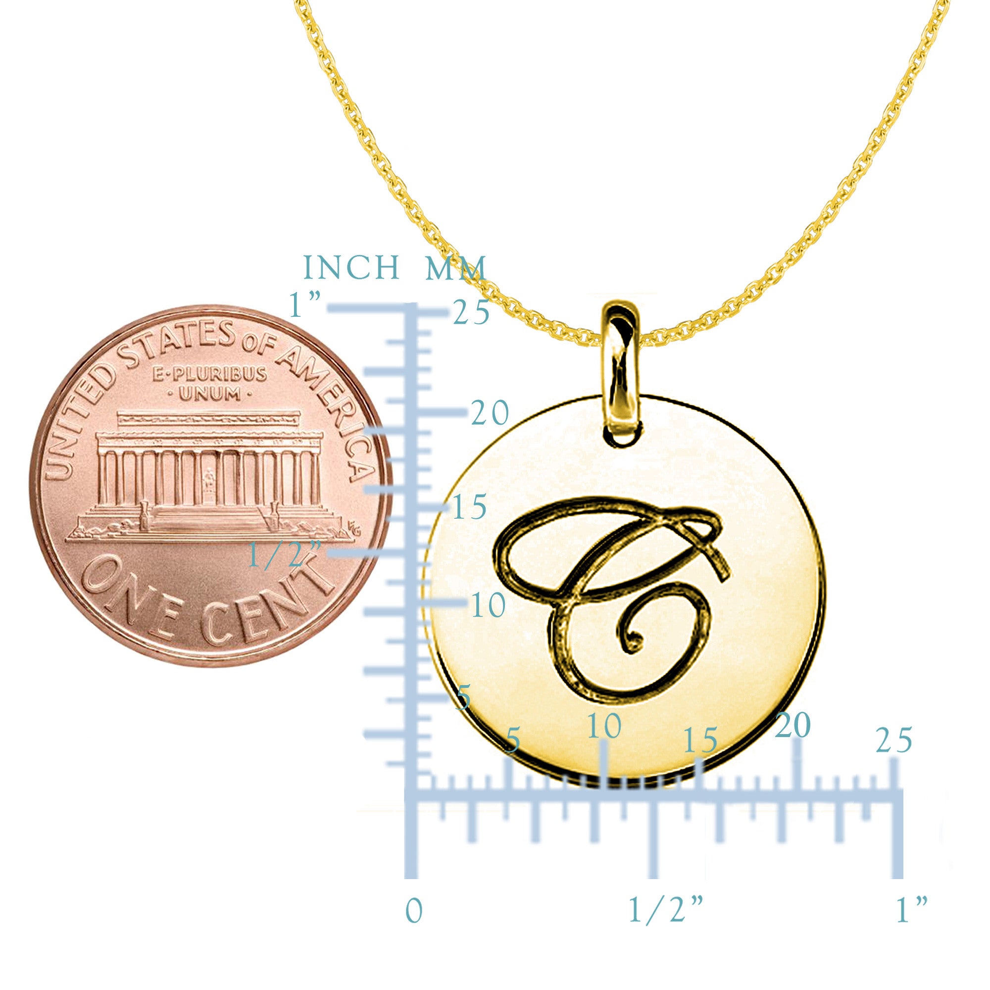 "C" 14K Yellow Gold Script Engraved Initial Disk Pendant fine designer jewelry for men and women