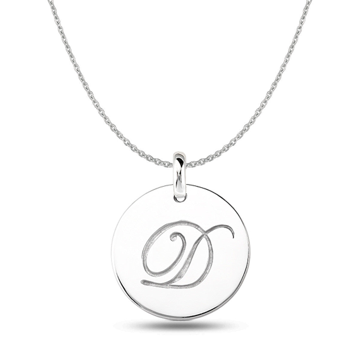 "D" 14K White Gold Script Engraved Initial Disk Pendant fine designer jewelry for men and women