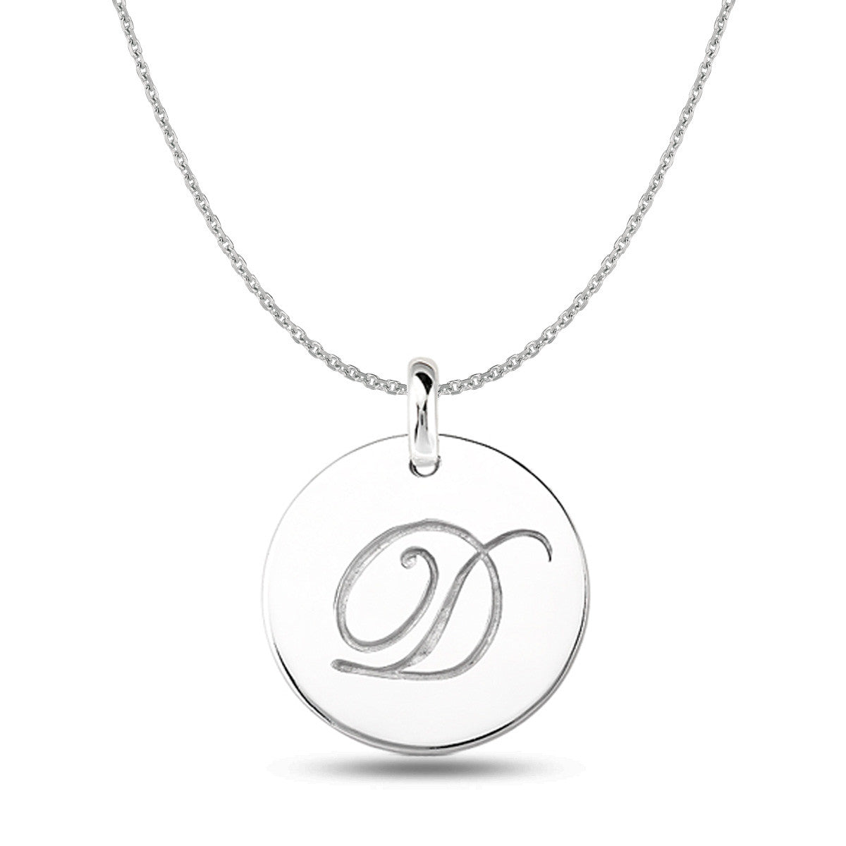"D" 14K White Gold Script Engraved Initial  Disk Pendant - JewelryAffairs
 - 1