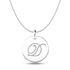 "D" Colgante de disco con inicial grabada en oro blanco de 14 quilates, joyería fina de diseño para hombres y mujeres