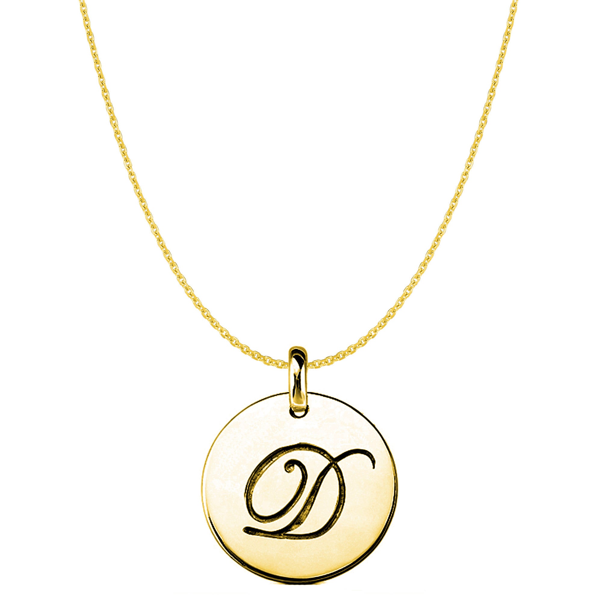 "D" 14K Yellow Gold Script Engraved Initial Disk Pendant fine designer jewelry for men and women