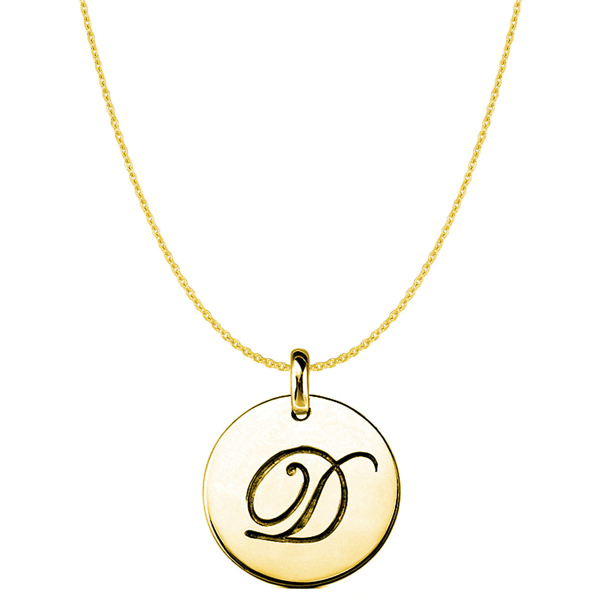 "D" 14K Yellow Gold Script Engraved Initial Disk Pendant fine designer jewelry for men and women