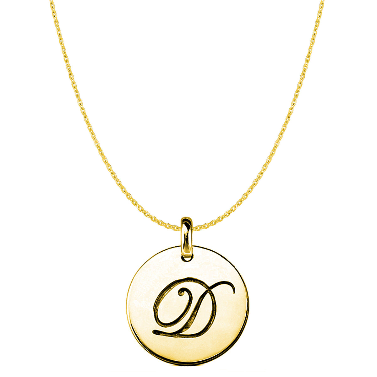 "D" 14K Yellow Gold Script Engraved Initial Disk Pendant - JewelryAffairs
 - 1