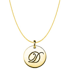 "D" 14K Yellow Gold Script Engraved Initial Disk Pendant fine designer jewelry for men and women