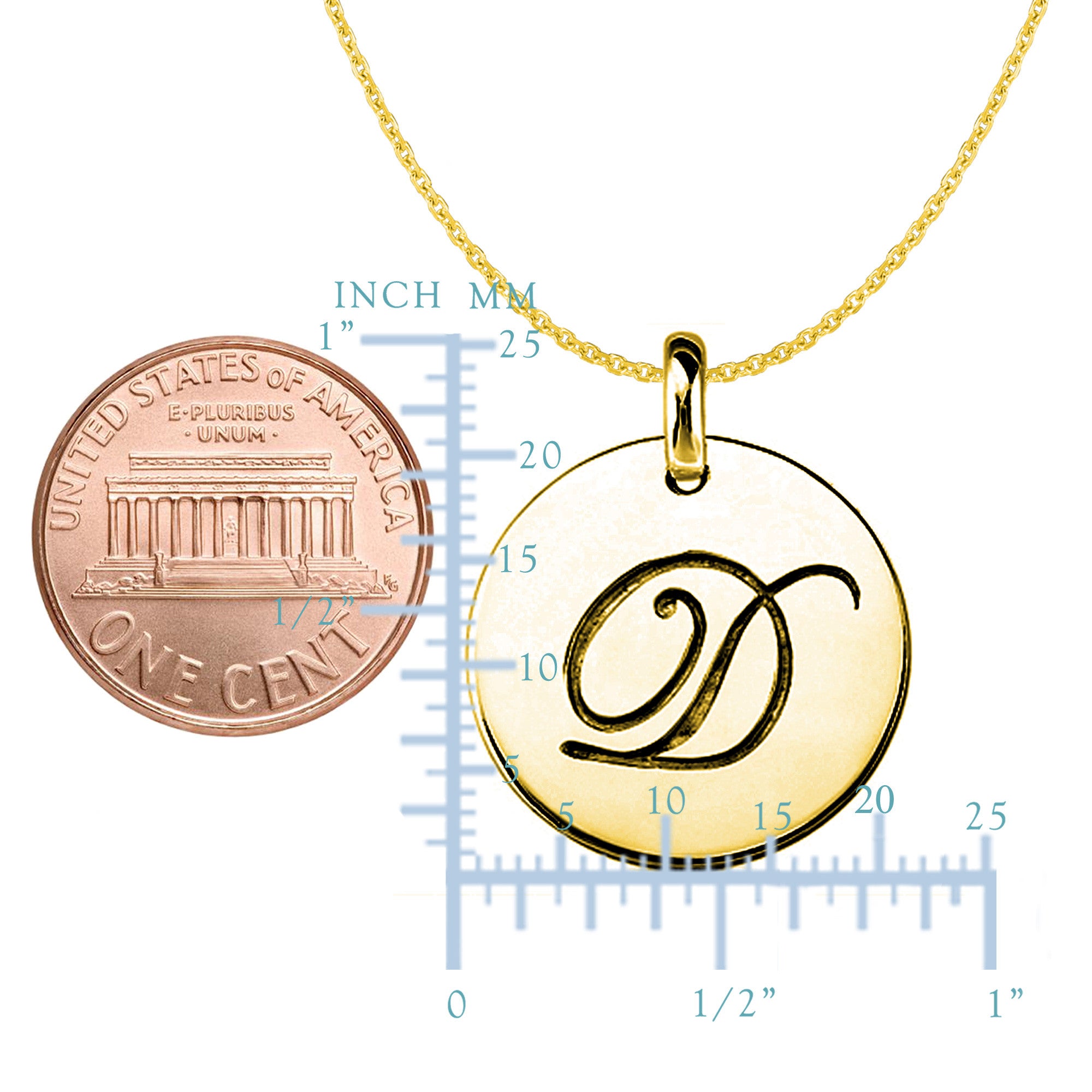 "D" 14K Yellow Gold Script Engraved Initial Disk Pendant fine designer jewelry for men and women