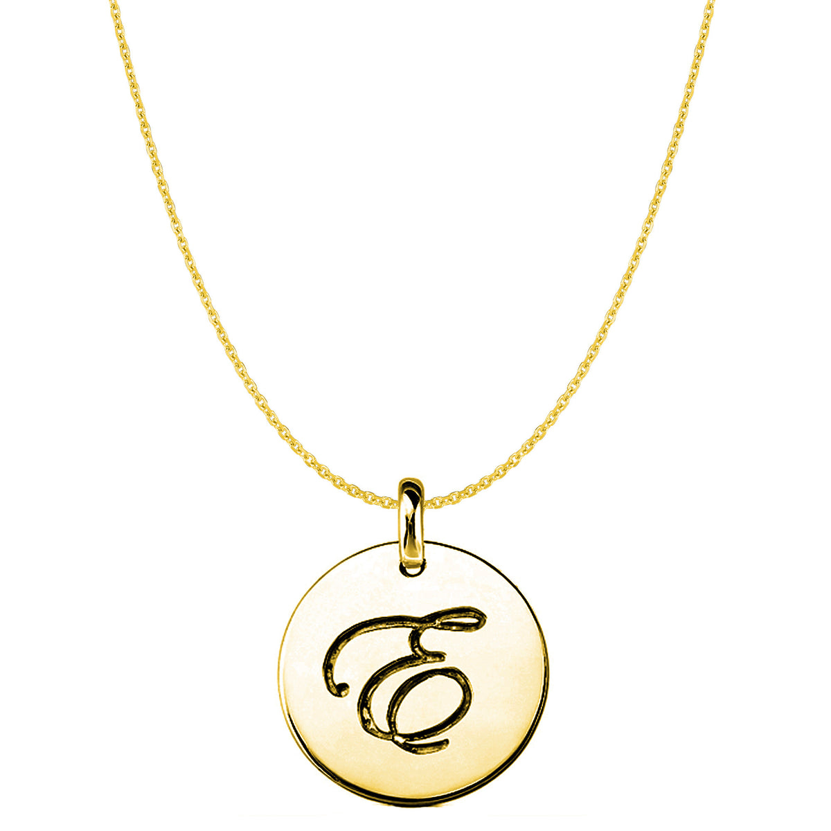 "E" 14K Yellow Gold Script Engraved Initial Disk Pendant fine designer jewelry for men and women