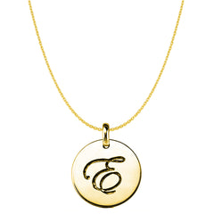 "E" 14K Yellow Gold Script Engraved Initial Disk Pendant fine designer jewelry for men and women