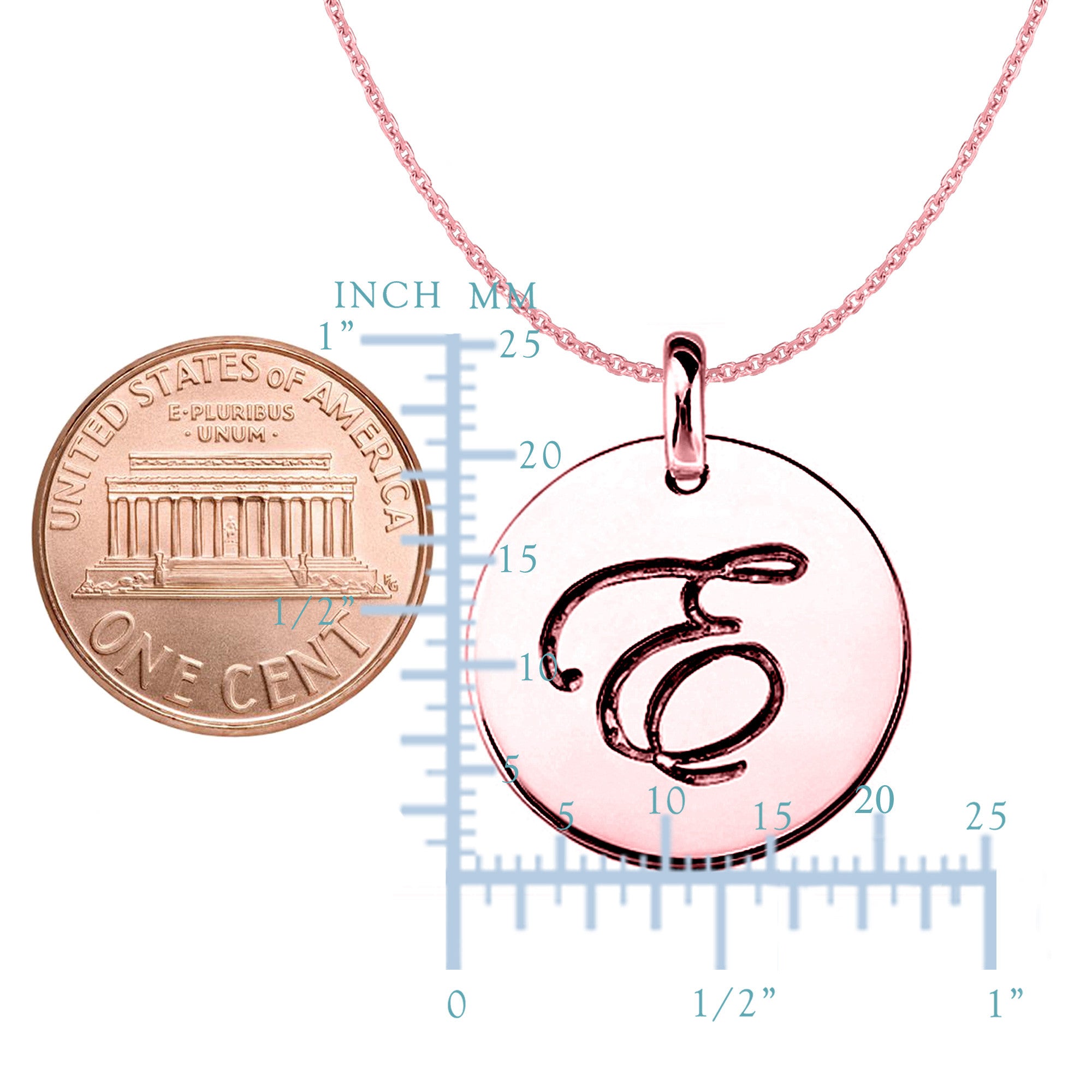 "E" 14K Rose Gold Script Engraved Initial Disk Pendant fine designer jewelry for men and women
