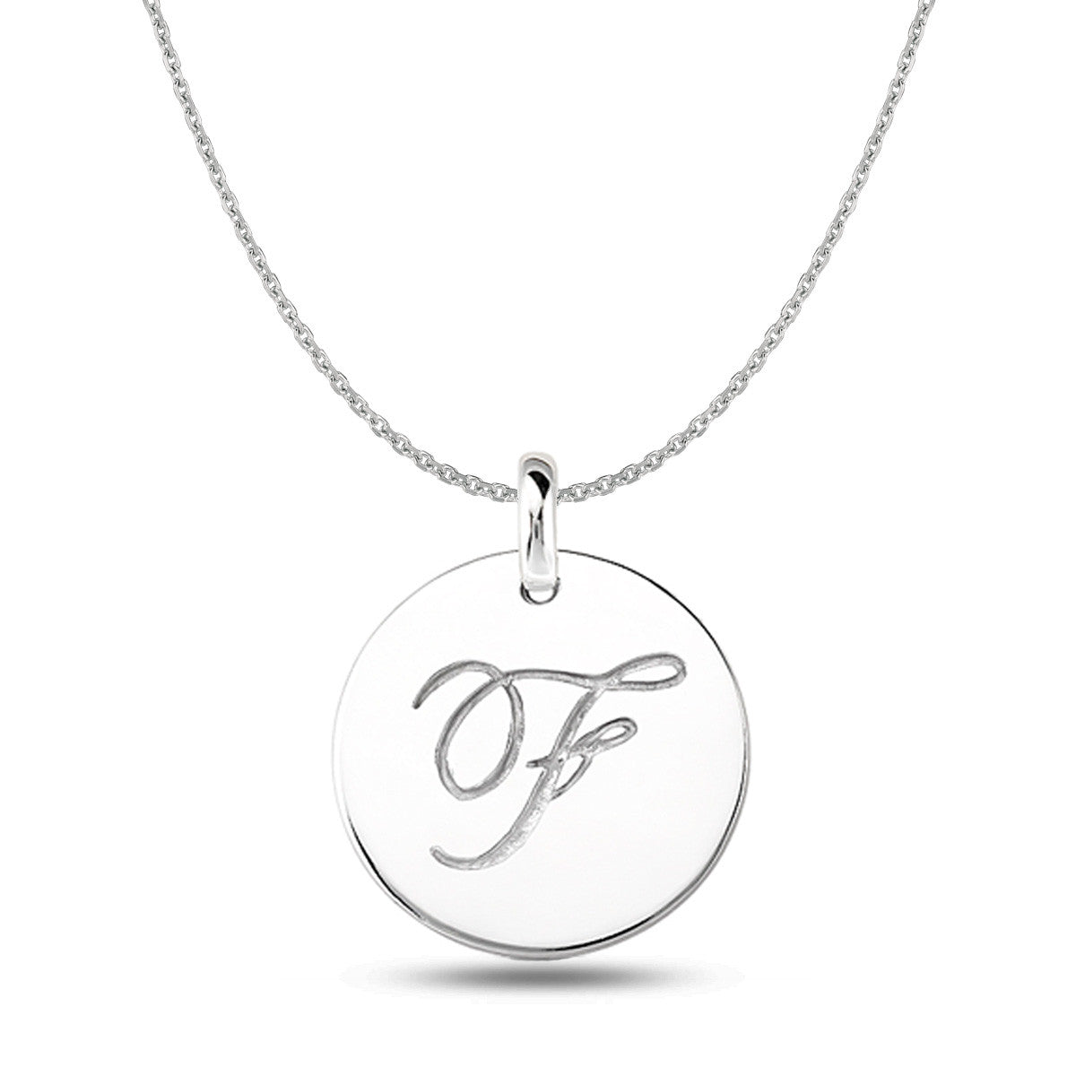 "F" 14K White Gold Script Engraved Initial  Disk Pendant - JewelryAffairs
 - 1