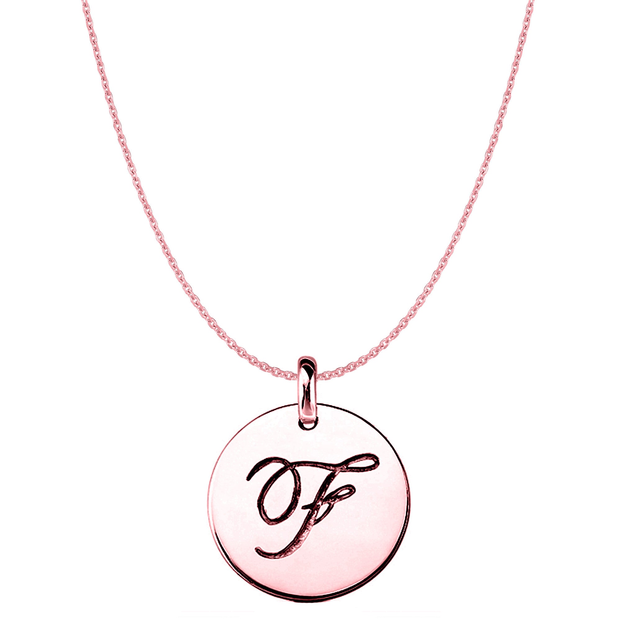"F" 14K Rose Gold Script Engraved Initial Disk Pendant - JewelryAffairs
 - 1