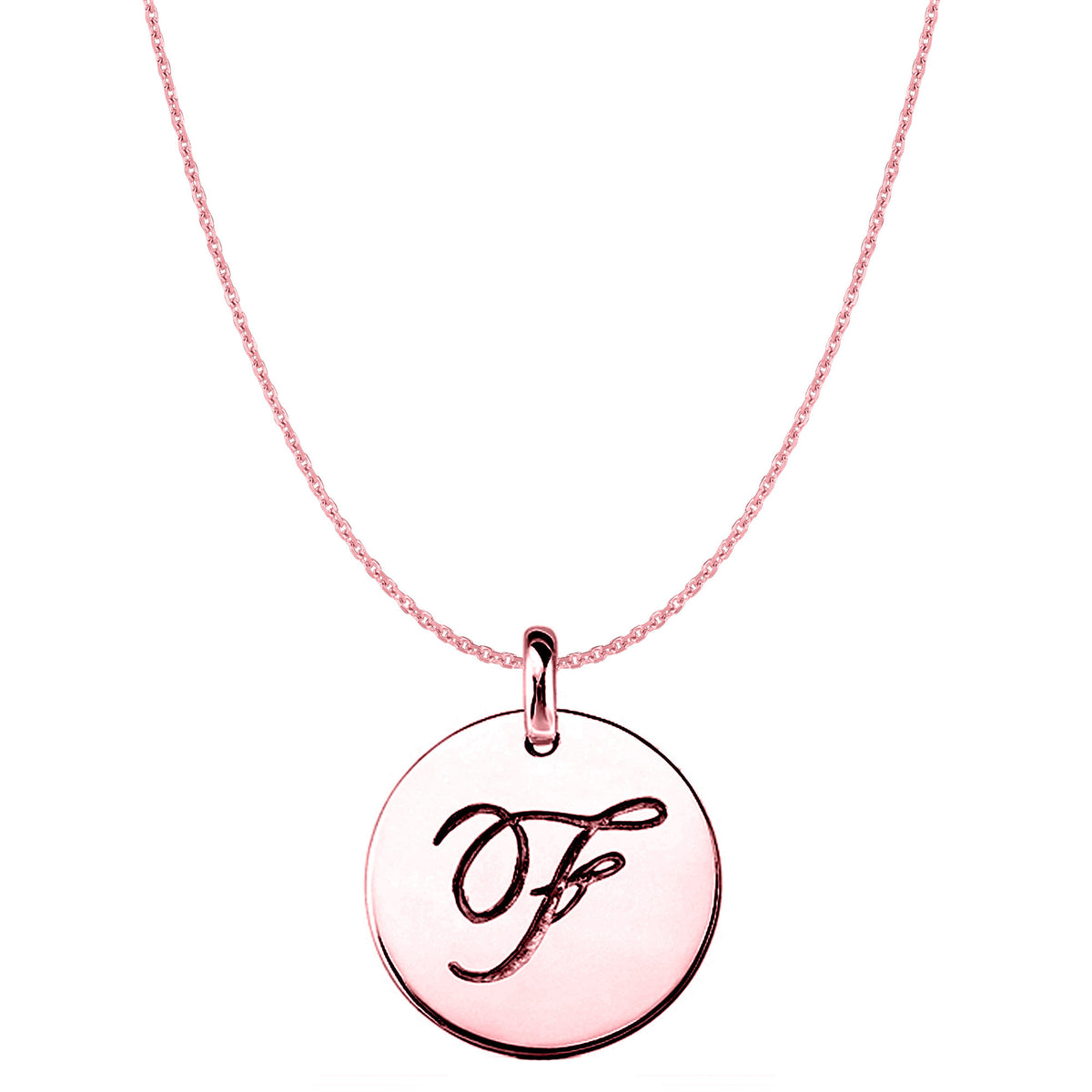 "F" 14K Rose Gold Script Engraved Initial Disk Pendant - JewelryAffairs
 - 1