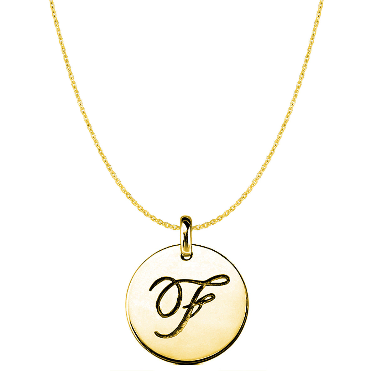 "F" 14K Yellow Gold Script Engraved Initial Disk Pendant fine designer jewelry for men and women