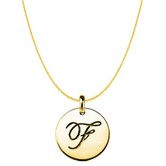 "F" 14K Yellow Gold Script Engraved Initial Disk Pendant fine designer jewelry for men and women