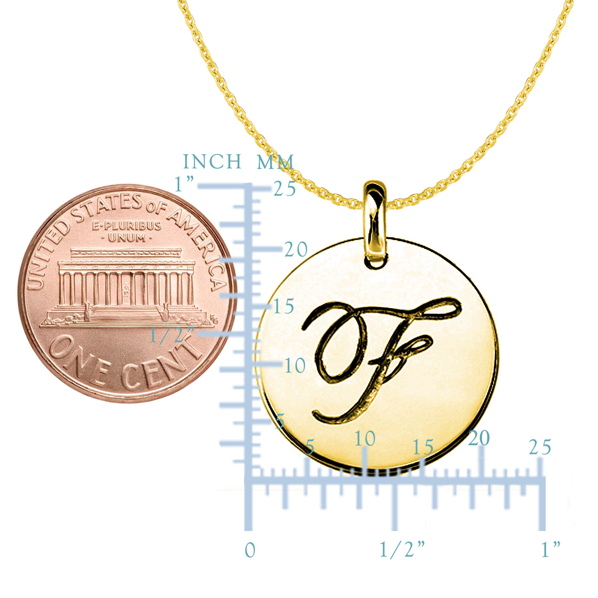 "F" 14K Yellow Gold Script Engraved Initial Disk Pendant fine designer jewelry for men and women