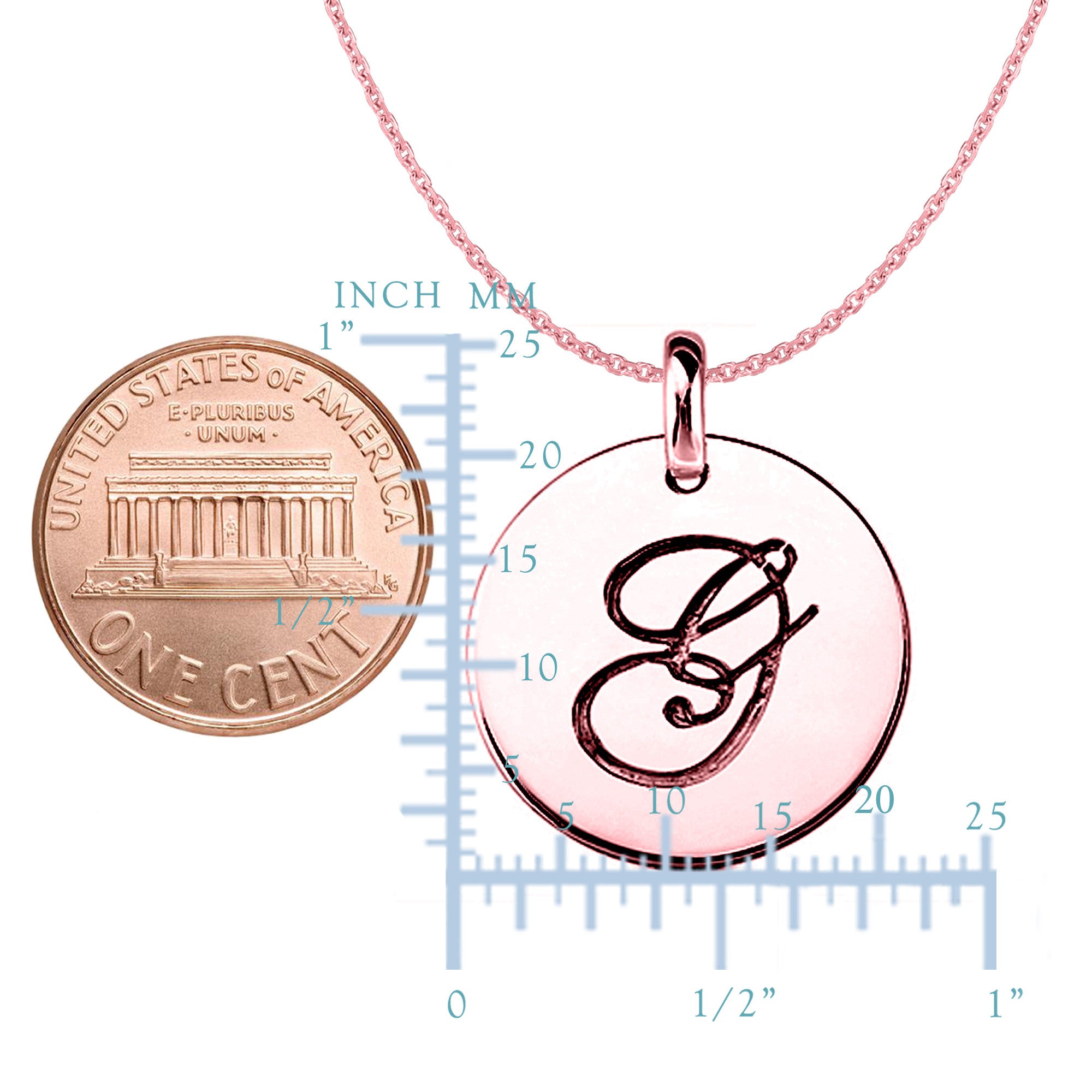 "G" 14K Rose Gold Script Engraved Initial Disk Pendant fine designer jewelry for men and women