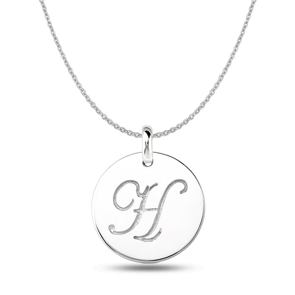 "H" 14K White Gold Script Engraved Initial  Disk Pendant - JewelryAffairs
 - 1