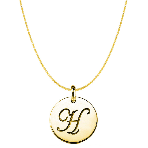 "H" 14K Yellow Gold Script Engraved Initial Disk Pendant - JewelryAffairs
 - 1