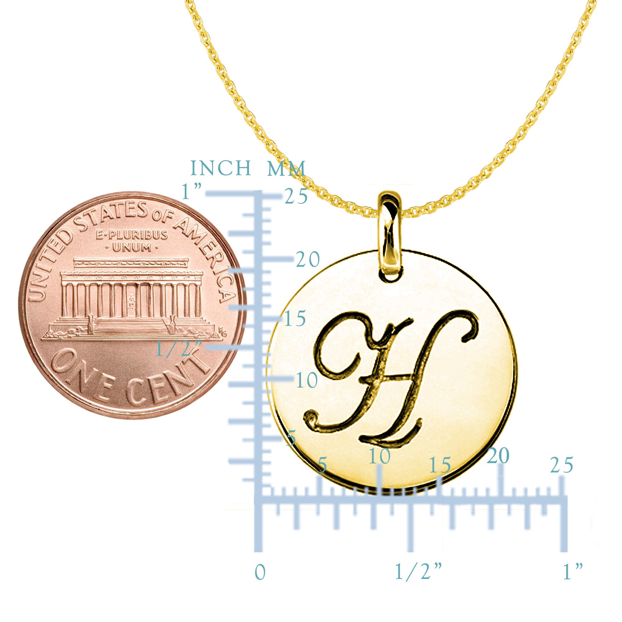 "H" 14K Yellow Gold Script Engraved Initial Disk Pendant fine designer jewelry for men and women