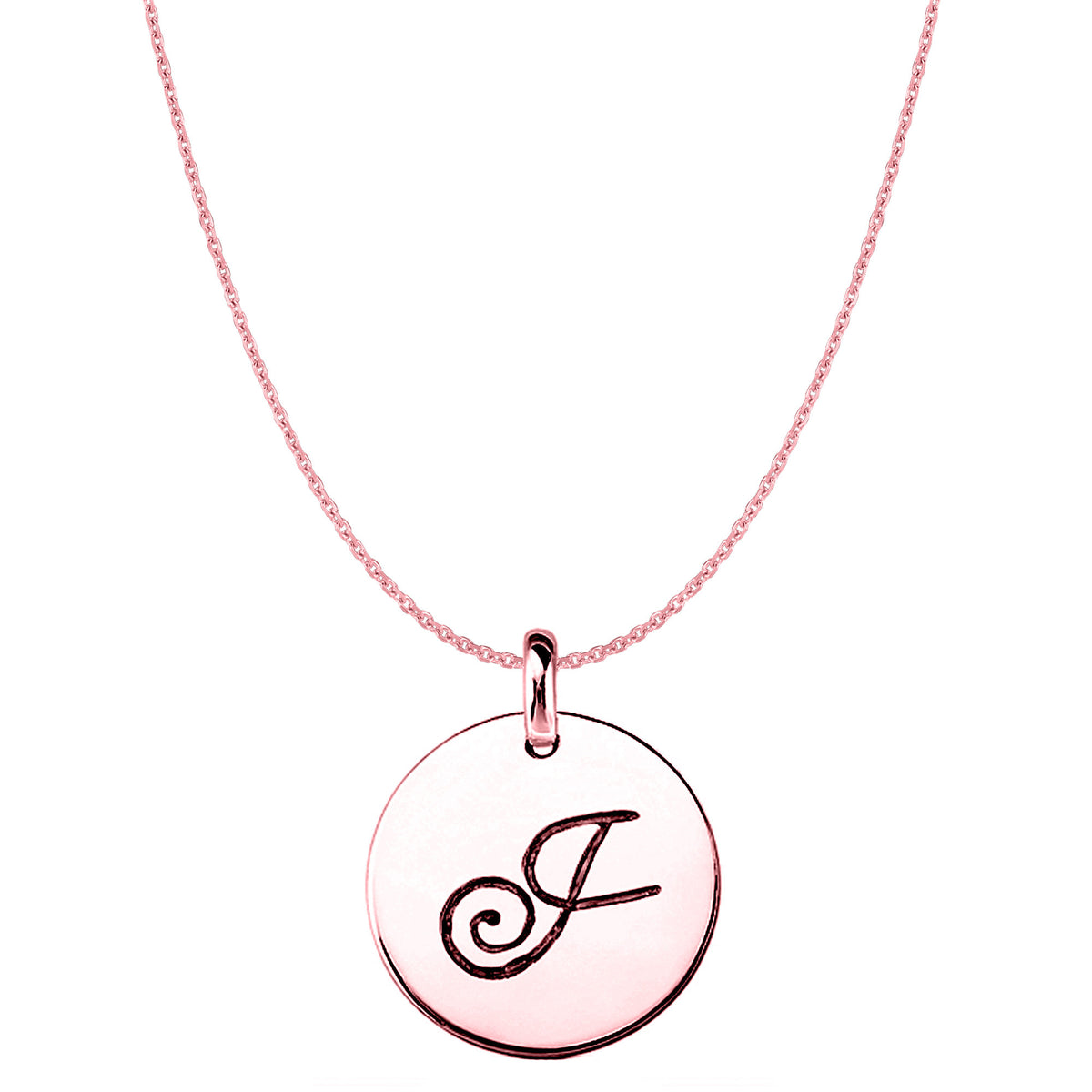 "J" 14K Rose Gold Script Engraved Initial Disk Pendant fine designer jewelry for men and women