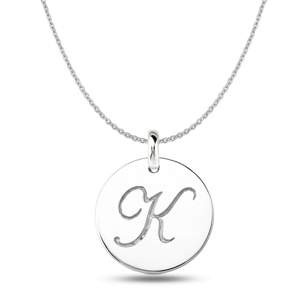 "K" 14K White Gold Script Engraved Initial  Disk Pendant - JewelryAffairs
 - 1