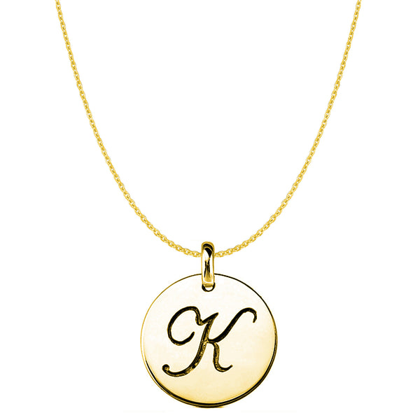 "K" 14K Yellow Gold Script Engraved Initial Disk Pendant - JewelryAffairs
 - 1