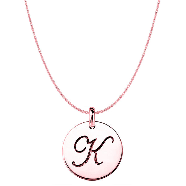 "K" 14K Rose Gold Script Engraved Initial Disk Pendant - JewelryAffairs
 - 1