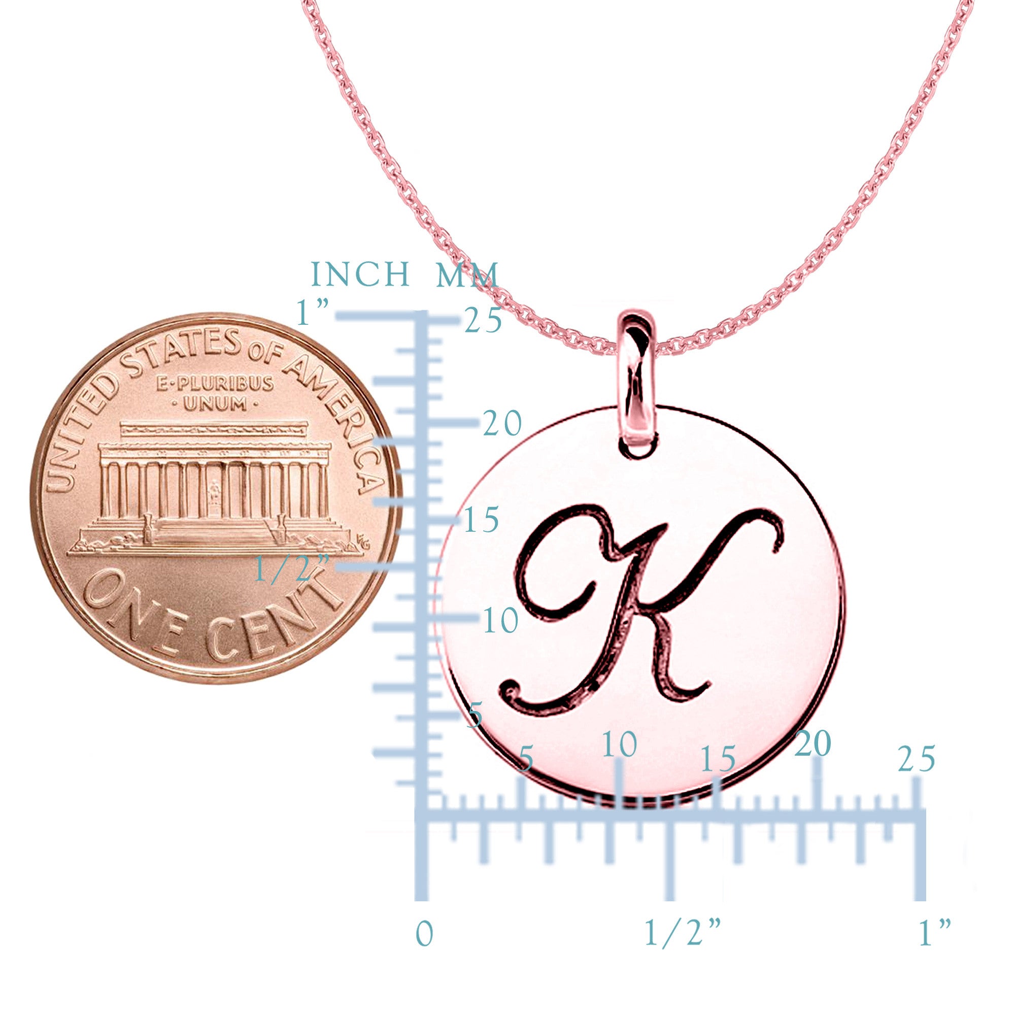 "K" 14K Rose Gold Script Engraved Initial Disk Pendant - JewelryAffairs
 - 2
