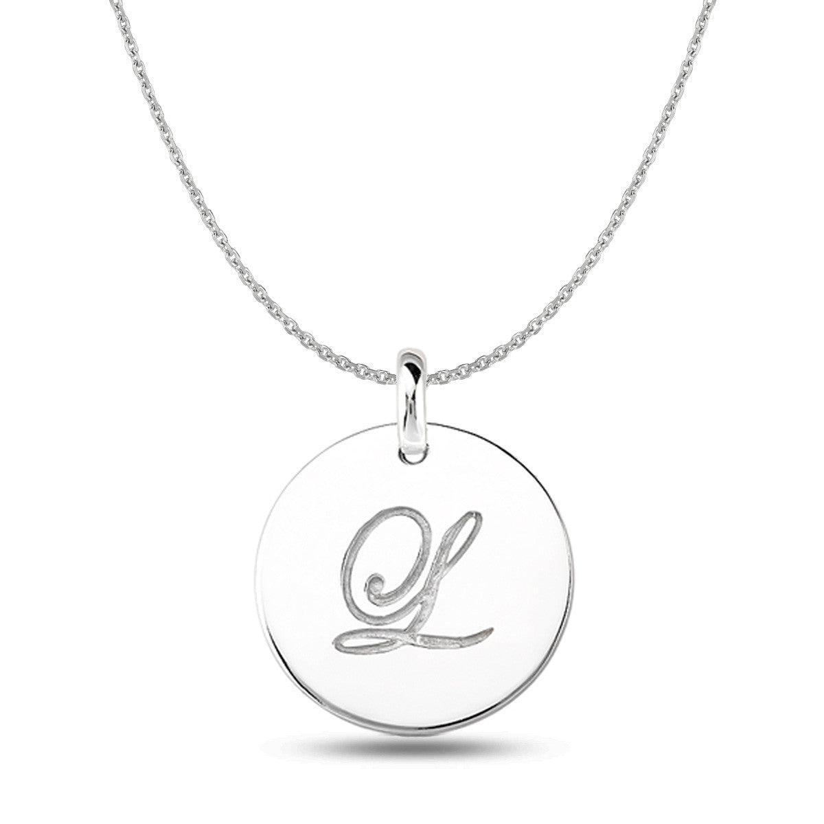 "L" 14K White Gold Script Engraved Initial  Disk Pendant - JewelryAffairs
 - 1