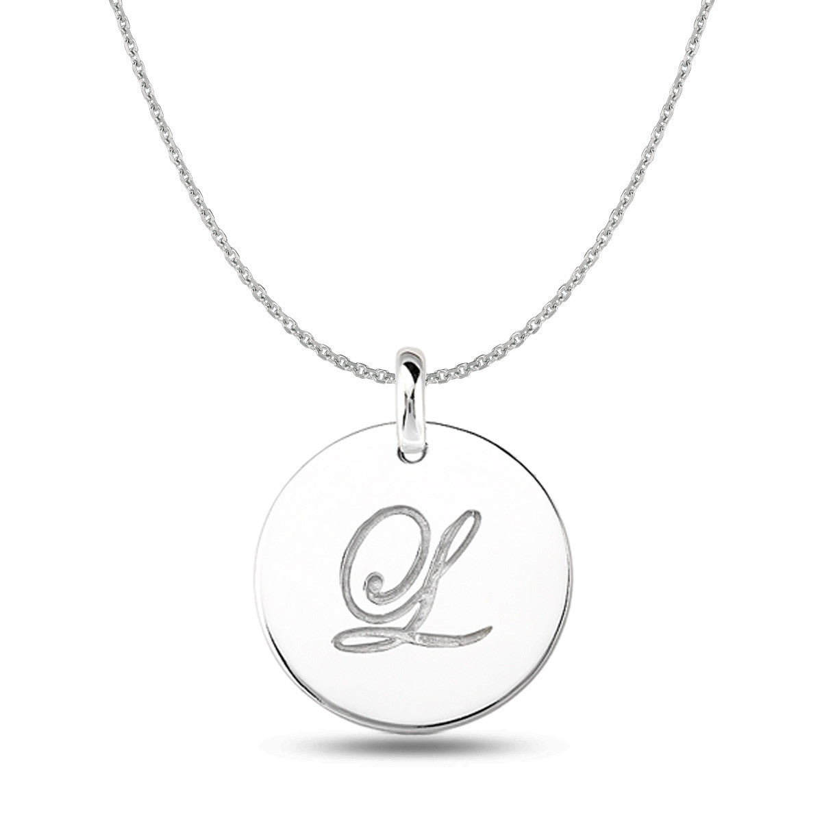 "L" 14K White Gold Script Engraved Initial Disk Pendant fine designer jewelry for men and women