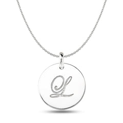 "L" 14K White Gold Script Engraved Initial Disk Pendant fine designer jewelry for men and women