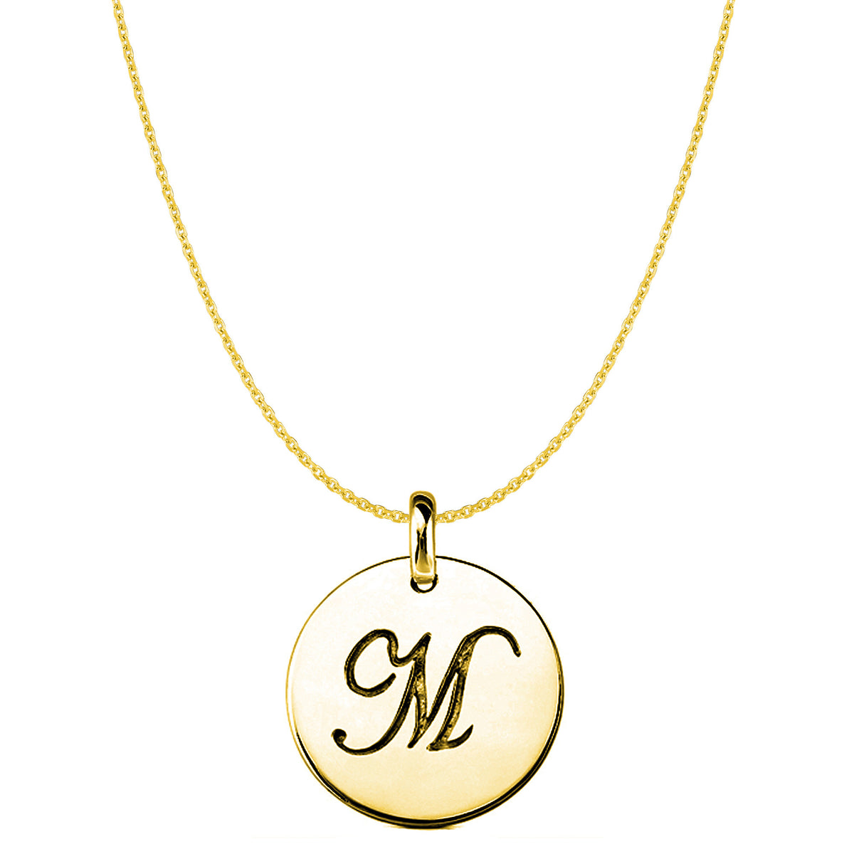 "M" 14K Yellow Gold Script Engraved Initial Disk Pendant fine designer jewelry for men and women