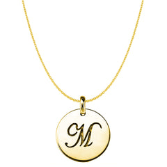 "M" 14K Yellow Gold Script Engraved Initial Disk Pendant fine designer jewelry for men and women