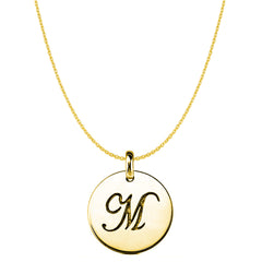 "M" 14K Yellow Gold Script Engraved Initial Disk Pendant - JewelryAffairs
 - 1